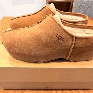 UGG Chestnut Suede Slip-On Shearling Clogs